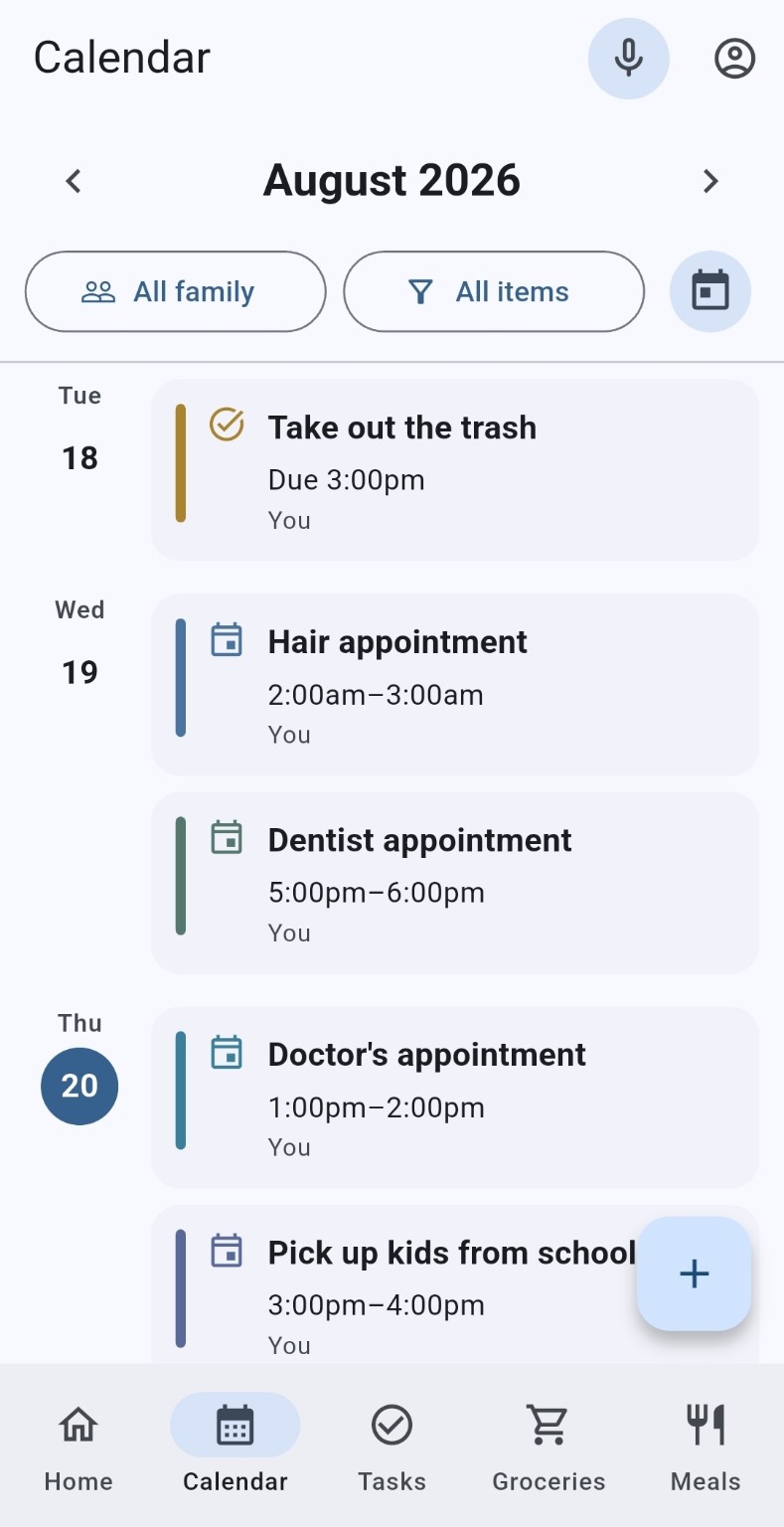 Calendar screen on mobile