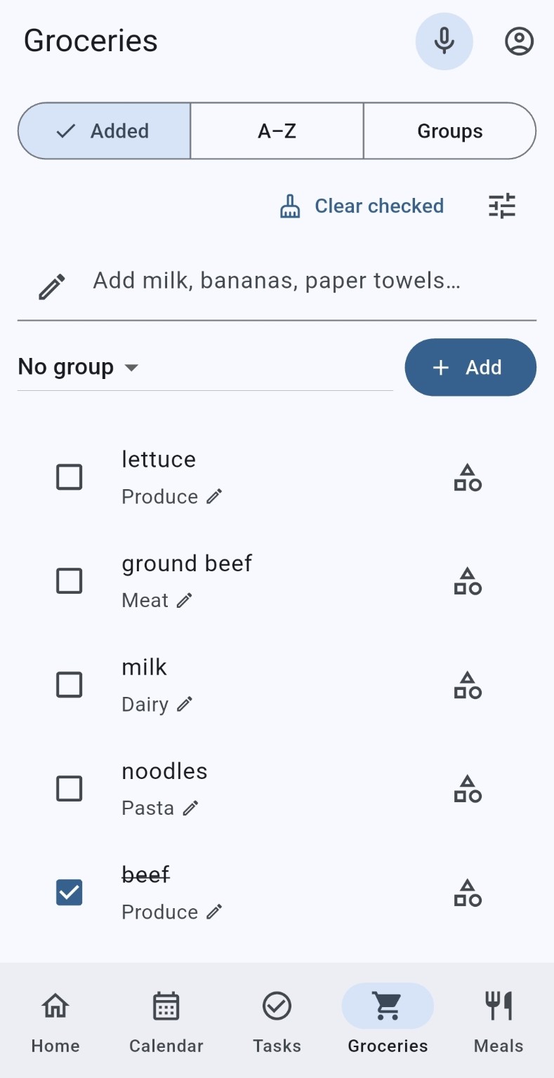 Groceries screen on mobile