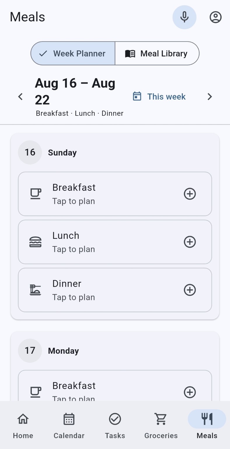 Meals screen on mobile