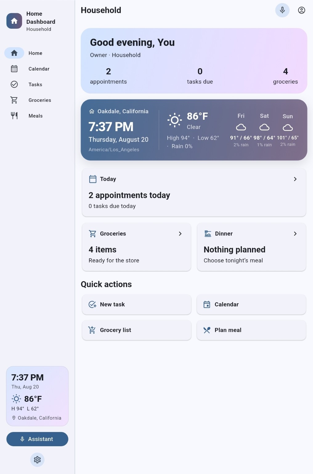 Tablet layout of the dashboard