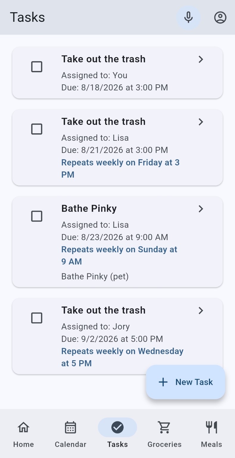 Tasks screen on mobile